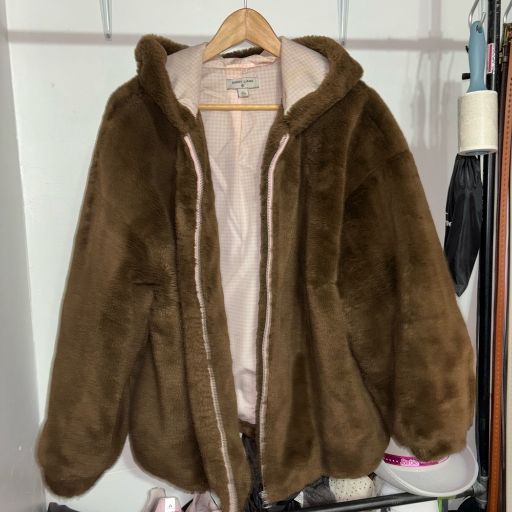 Brown faux fur hooded jacket Sandy Liang x Target Collab